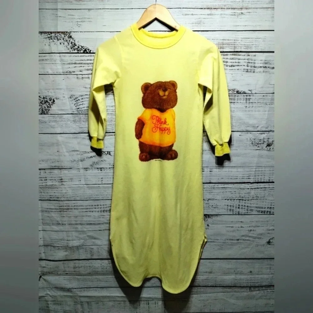 Hallmark Shirt Tales Nightgown for Girls  Yellow Fuzzy Bear Cutesy‎ 80s Vintage